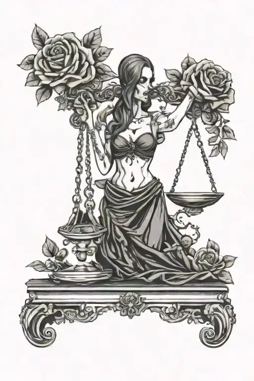 Woman Holding A Balance Scale With Skull And Roses