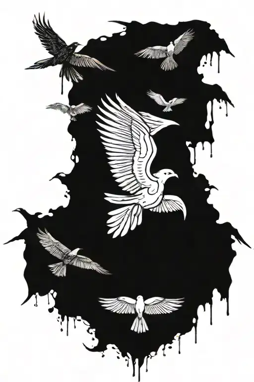 Crossed Symmetric Raven Wings With Birds Flying Away