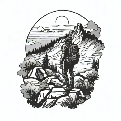 A Silhouette Of A Traveler With A Backpack Exploring A Mountain Landscape At Sunrise