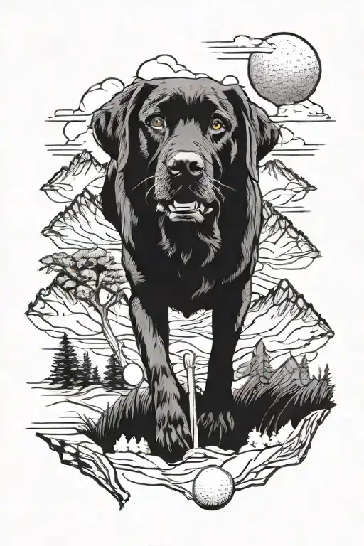 A Black Labrador Playing Golf On A Mountain Peak