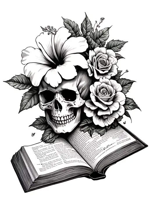 Hibiscus And Skull Face With Roses Coming Out Of An Open Book