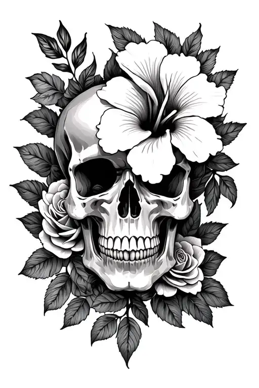 Hibiscus And Skull With Roses