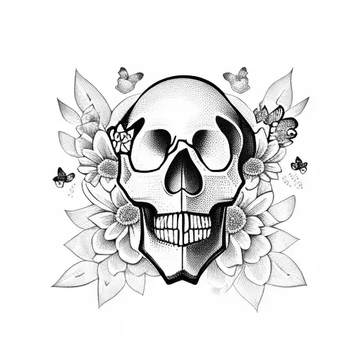 Skull With Flowers And Butterflies