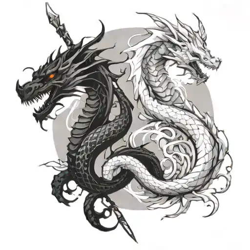 A Black Dragon And A White Dragon Spiraling Around A Spear