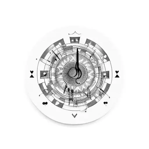 An Intricate Blackwork Tattoo Of A Vinyl Record With Music Notes Swirling Around It