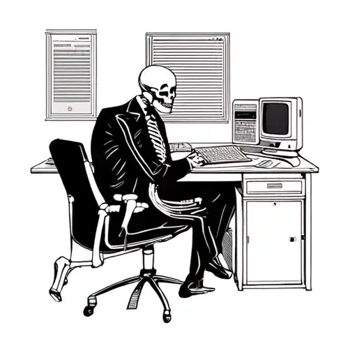 2D Sideways On Image - Skeleton In A Suit Sitting At Desk With Old Crt Computer And Monitor
