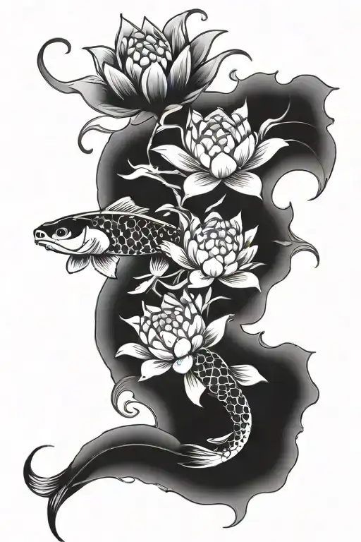 Asian Inspired Fower Tattoo Incorperating Koi Fish And Lotus Blossom