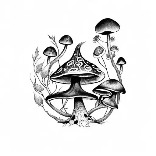 A Unique Blackwork Tattoo Showcasing A Collection Of Different Mushroom Species