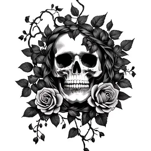 Skull Surrounding Face With Rose Vine Wrapped Around
