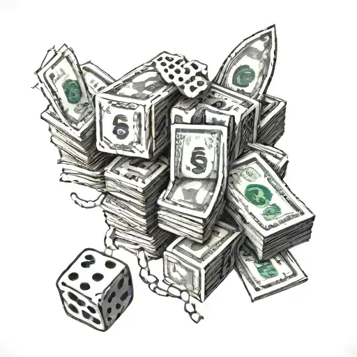 A Stack Of Cash With Dice Rolling On Top