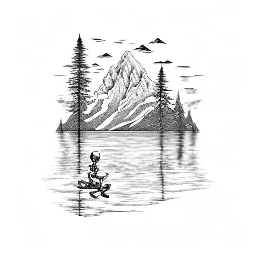 Skeleton Floating Above A Lake That's Reflecting A Mountain In The Background