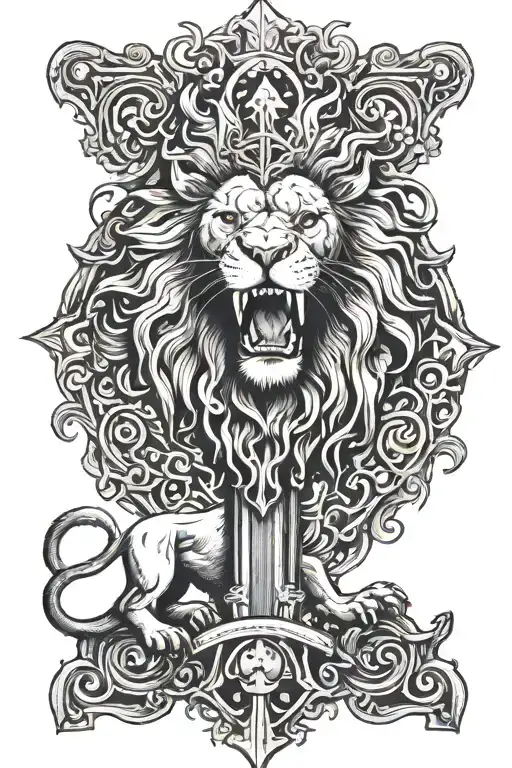 A Lion Roaring Standing Underneath The Cross Of Jesus Christ