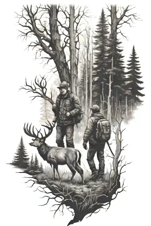 Father And Son Hunting Deer In Woods