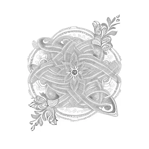 A Semi Colon Intertwined With A Beautiful Floral Pattern In Blackwork Style