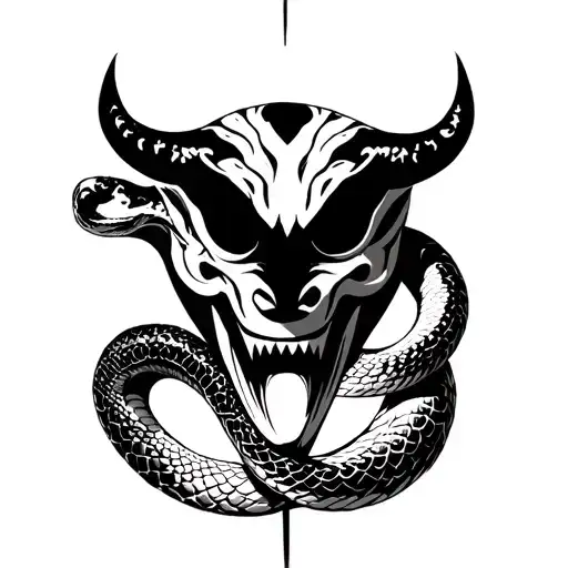 A Snake Behind A Oni Mask Looking