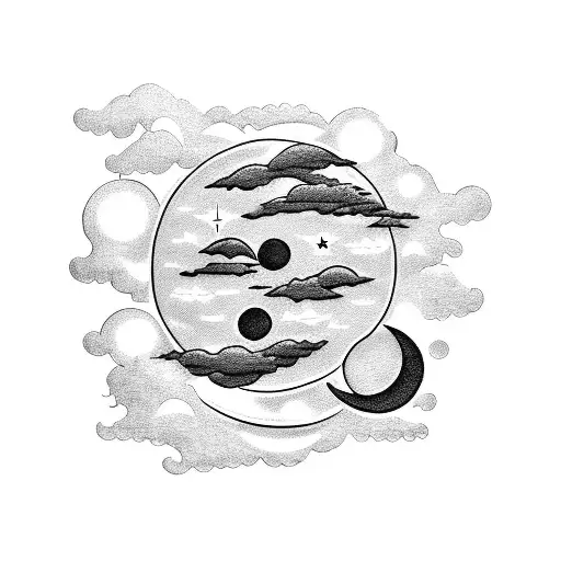 Sun And Moon With Stars And Clouds