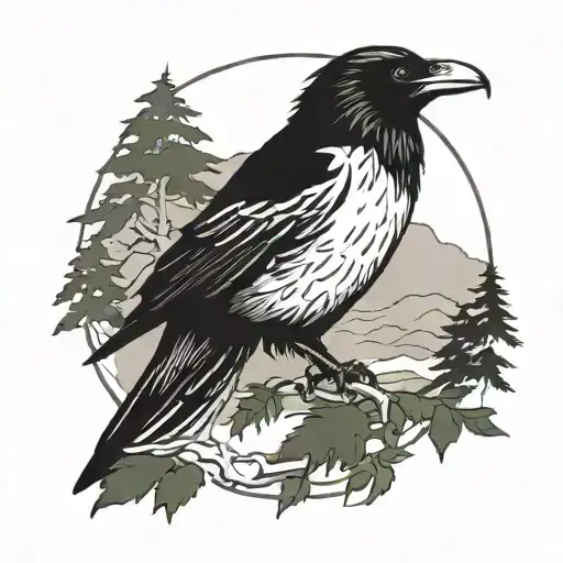 Flying Raven On Lookout Over Bear In Woods