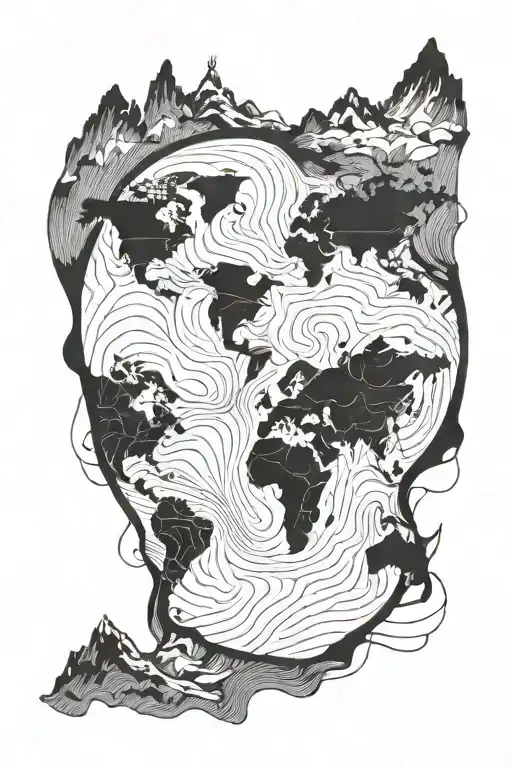 An Abstract Blackwork Tattoo Of A Topographic Map Merging With Elegant Interior Design Sketches