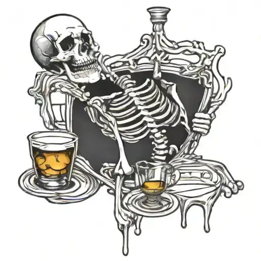 Skeleton Drinking Whiskey Glass Overflowing