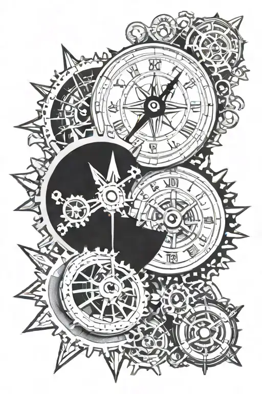 Mechanical Clock With Gears And Sprockets Next To A Compass With Cardinal Directions