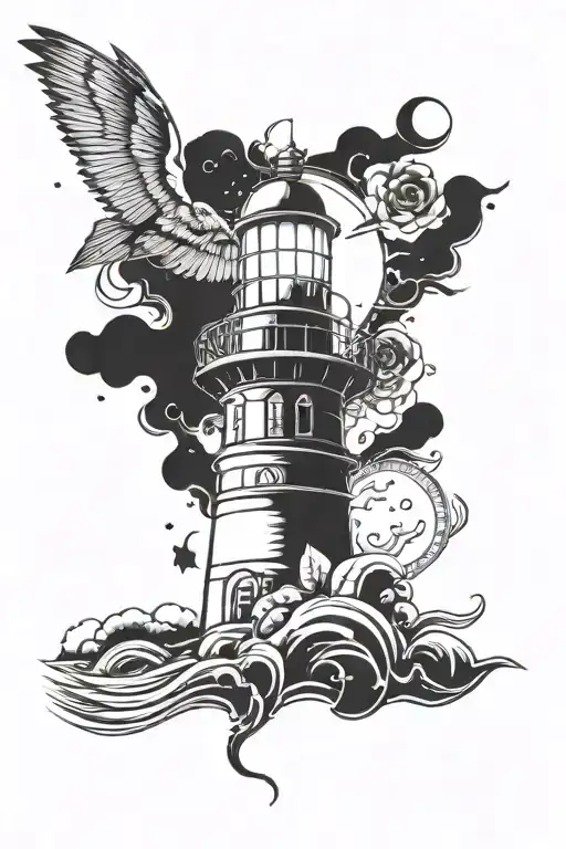 A Light House Emitting Rays Of Light With A Shaded In Crescent Moon Behind It