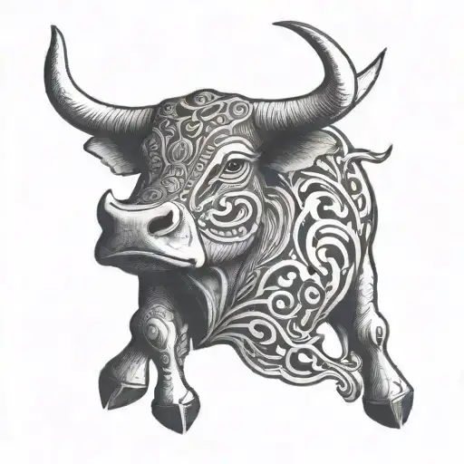 A Bull Fighting A Musical Note In A Blackwork Style
