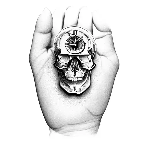 3D Skull And Clock On Palm Of Hand