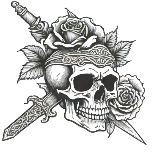 A Crying Skull With A Sword In Its Head Holding A Rose In Its Mouth