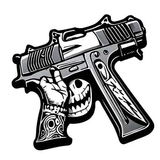 A Gun And A Smiley Dead Face With A Hand And Knife