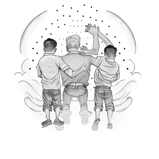 Father Holding His Sons Hand While Another Son Is Sitting On Fathers Shoulders With A Halo Above Him