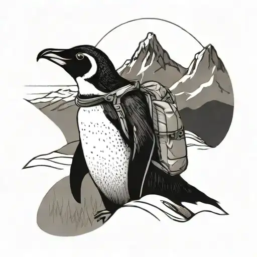 A Penguin Wearing A Backpack Exploring A Mountain Range