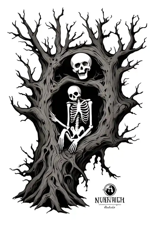 A Dead Hollow Tree With A Skeleton Resting Inside