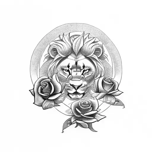 A Dragon And A Lion Guarding 5 Roses With 8 Leaves