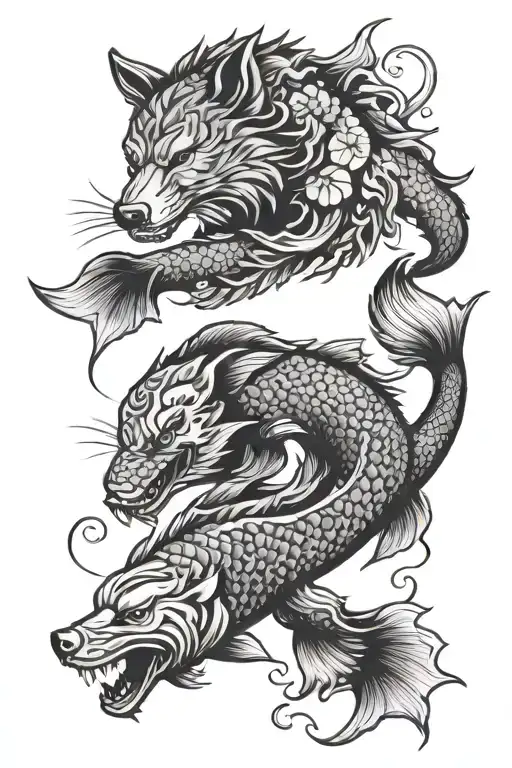 Wolf Koi Fish And Elephant Together Representing