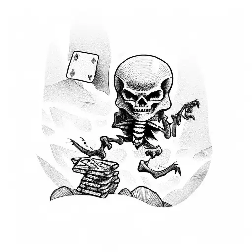 An Adventurous Skeleton Climbing A Mountain Peak With A Deck Of Cards In Its Hand