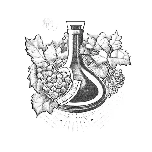 A Blackwork Tattoo Of A Wine Opener Surrounded By Vineyard Landscapes From Different Countries