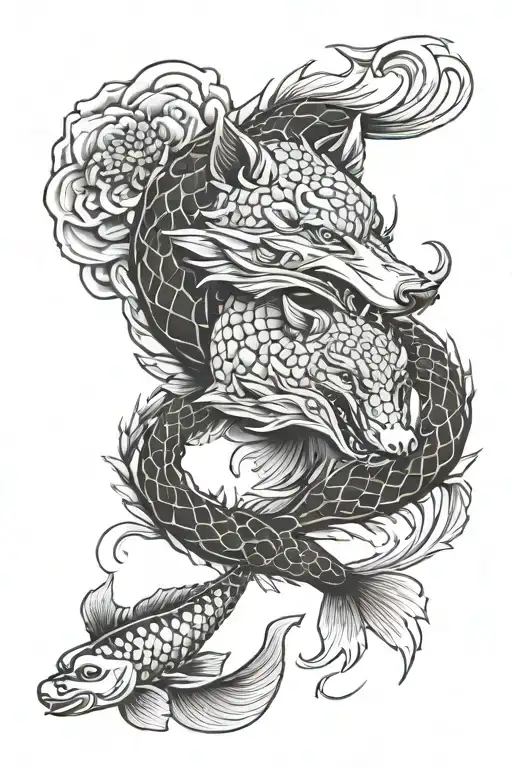Wolf Koi Fish And Elephant Together Symbolizing The Client's