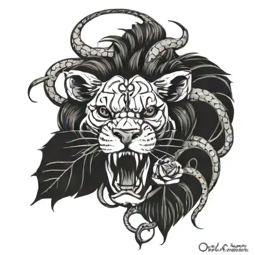 Lion Head Skull Head Surrounded Snake Intertwined Roses