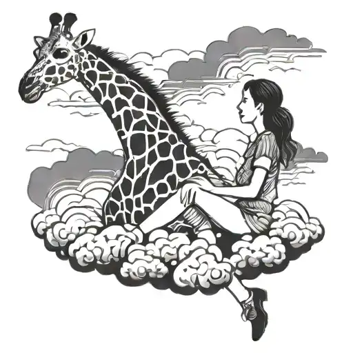 Girl Sitting On A Cloud Looking At A Giraffe's Head Coming Out Of The Cloud