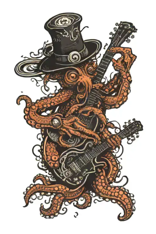 An Octopus In A Flat Cap Holding A Diving Tank And A Guitar