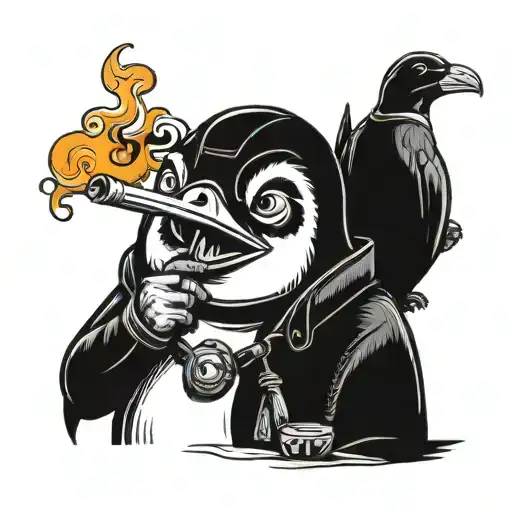 Penguin Smoking A Cigarette With Firefighter Healmet And Axe