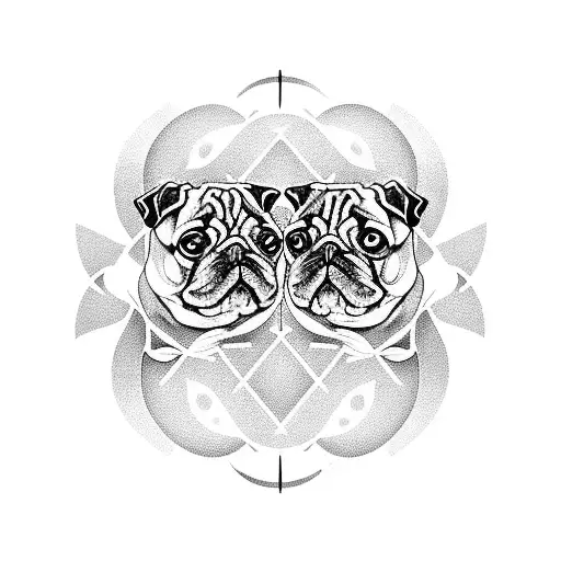 A Pug And A Cat Intertwined In A Yin And Yang Symbol In A Blackwork Style