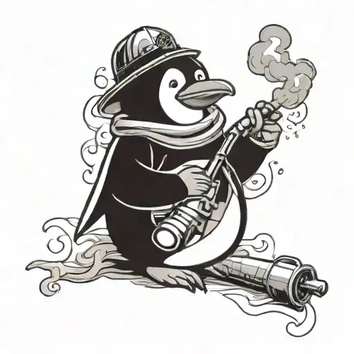 Penguin Smoking A Cigarette With Firefighter Healmet