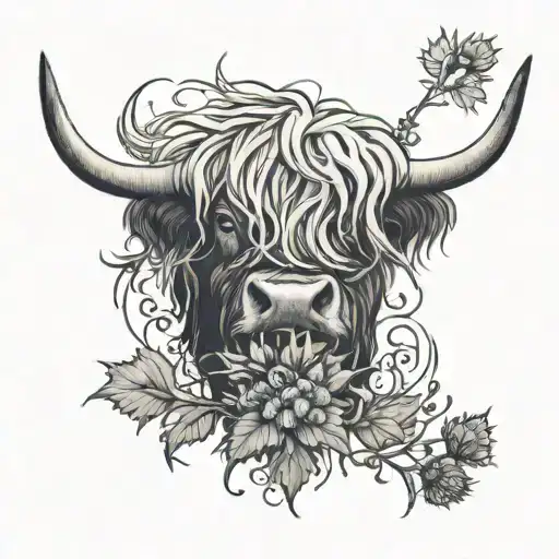 Highland Cow With Thistle Intertwined