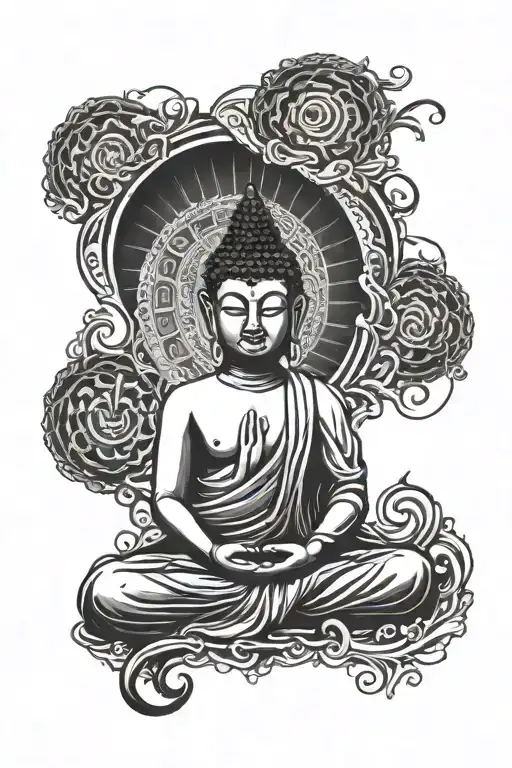 Buddha Sitting In A Meditation Pose With A Big Scary Eye Behind Him