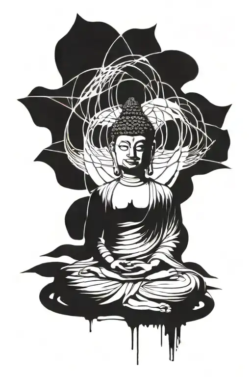 Buddha Sitting In A Meditation Pose With Cybersigilism Lines Behind Him