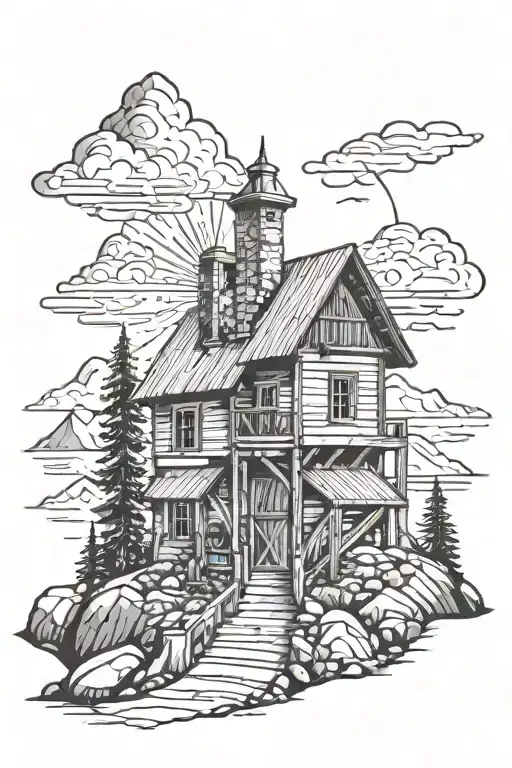 Carpenter Building Going Into Mountain Hiking Cross And Sun Beams