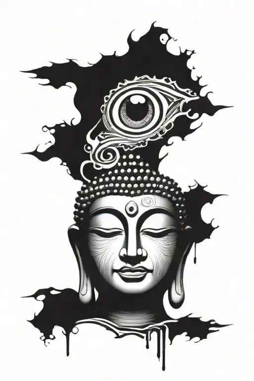 Buddha Sitting In A Meditation Pose With A Big Scary Eye Behind Him
