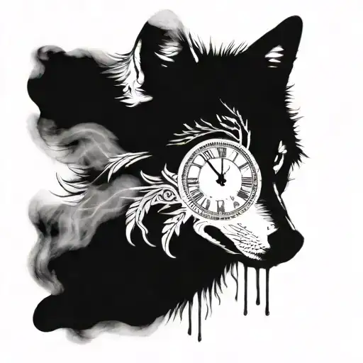 A Wolf In Front Of A Clock With Roman Numerals And Smoke Coming Out From The Bottom