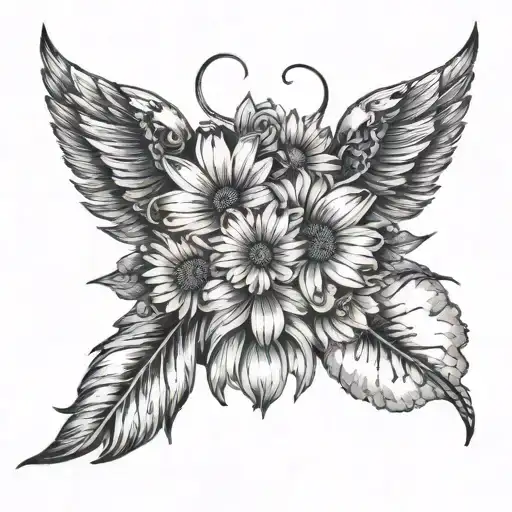 A Beautiful Daisy Birth Flower Intertwined With 4 Angel Wings
